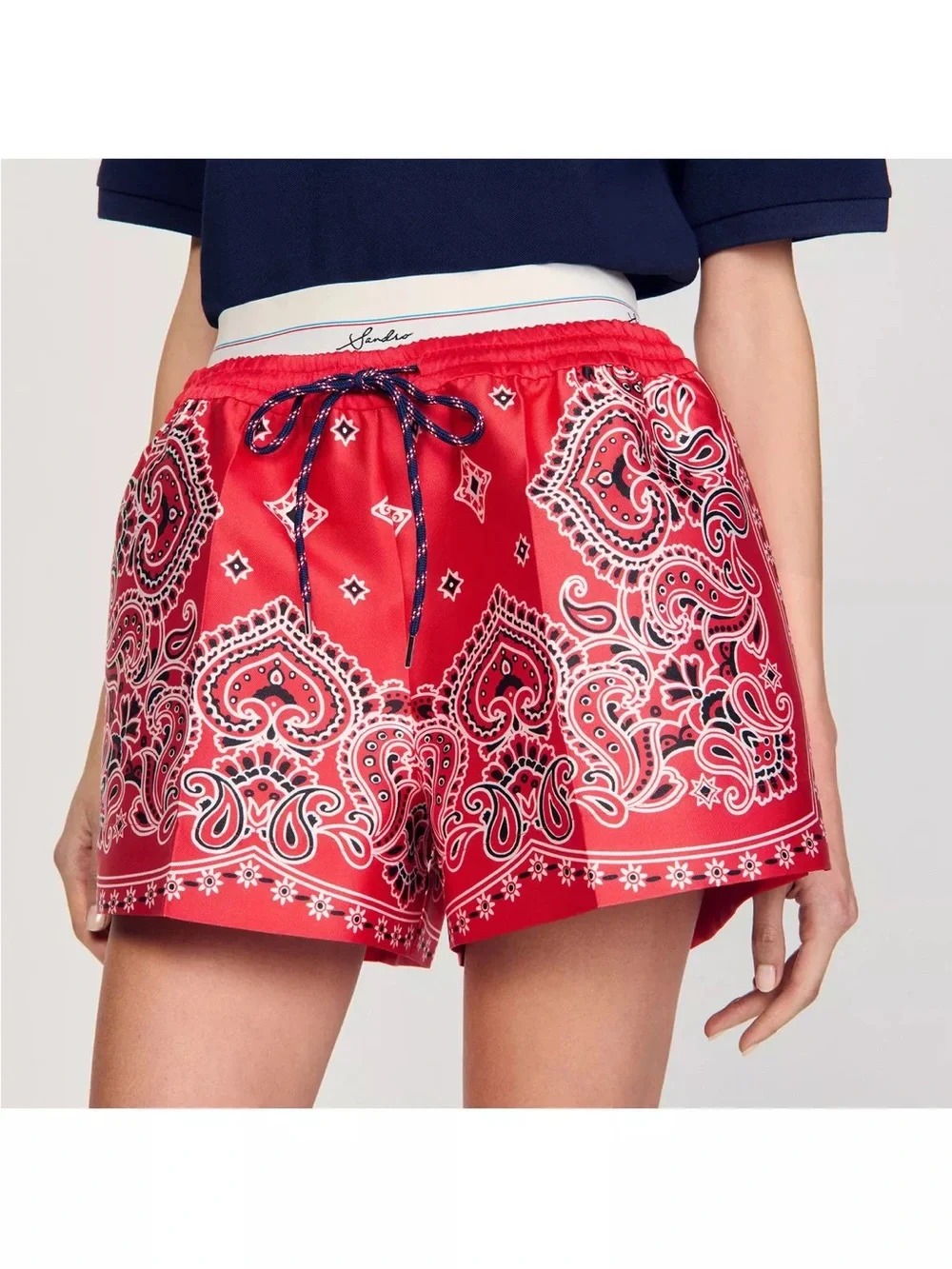 NWT Sandro Red Bandana-Print Satin Shorts - Picture 1 of 9
